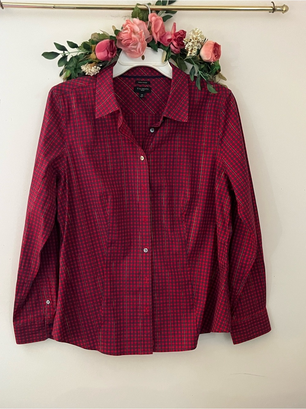Talbots Red and Black Plaid Button-Up Shirt